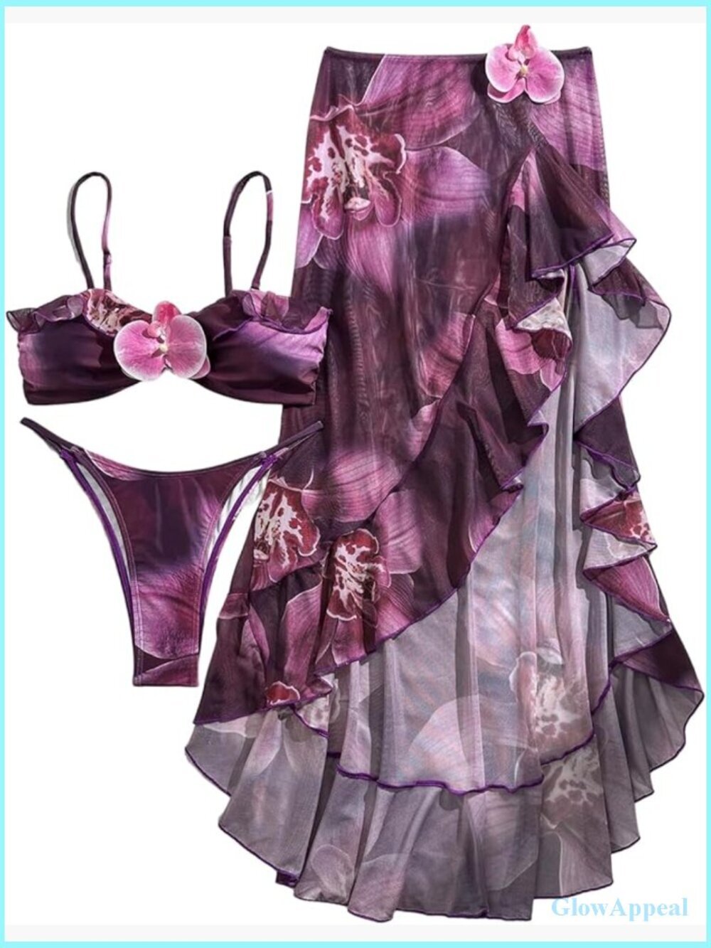 Women's 3 Piece High Cut Cheeky Bikini Set with Skirt Cover Up